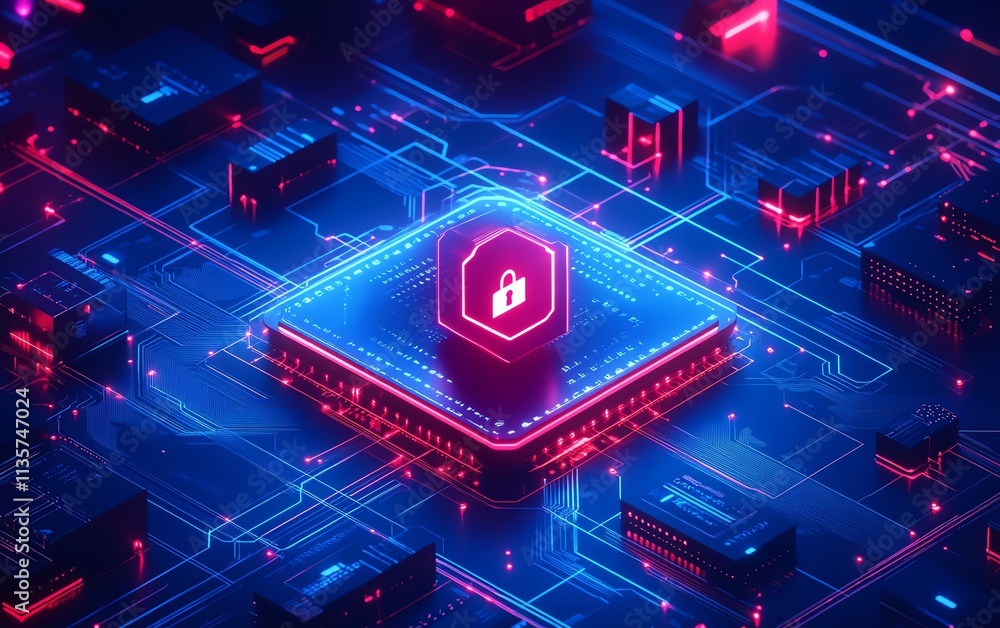 Poster endpoint security concept in cybersecurity, with a detailed blue circuit diagram showcasing network 