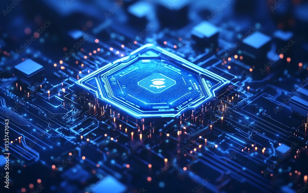 Poster endpoint security concept in cybersecurity, with a detailed blue circuit diagram showcasing network 