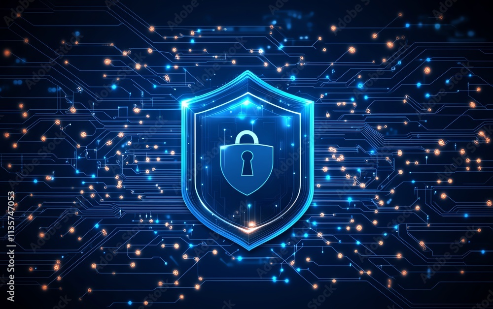 Poster endpoint security concept in cybersecurity, with a detailed blue circuit diagram showcasing network 