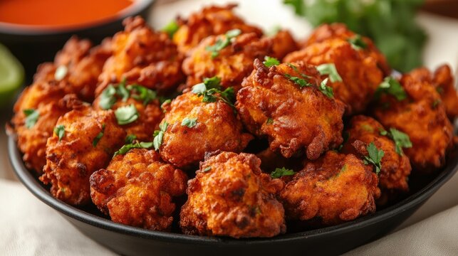  Crispy pakoras with ketchup a favorite snack for South Asian. 