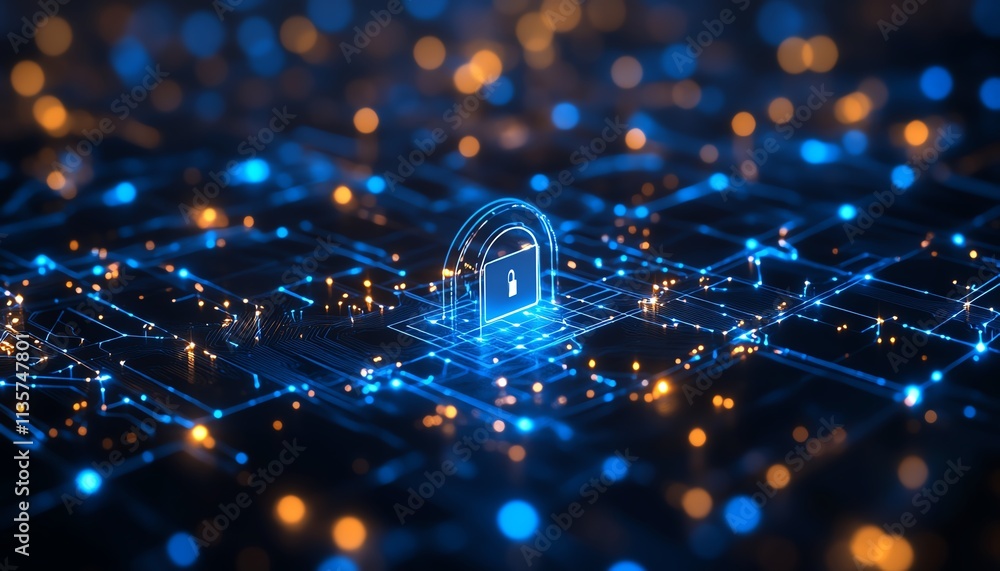 Poster micro circuit diagram with blue tones, representing endpoint security in cybersecurity, showcasing a