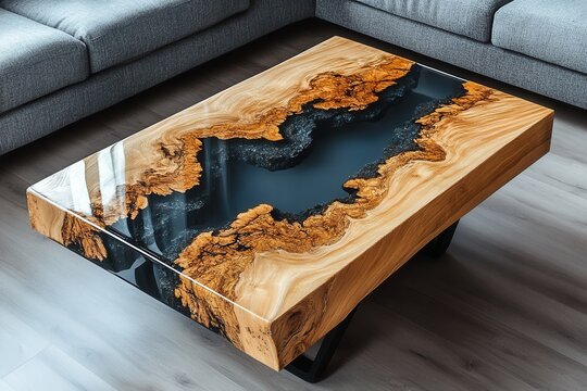 Stunning live-edge wood coffee table with epoxy resin inlay. Perfect for modern home decor, adding a unique focal point.