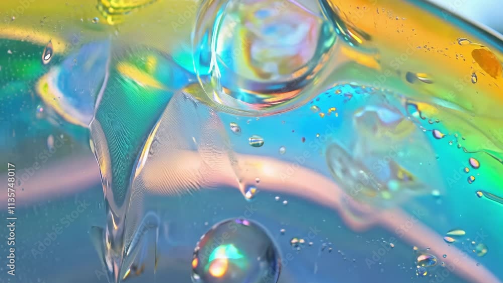 Poster slow motion video features soap bubble texture with prismatic colors, swirling patterns and light re
