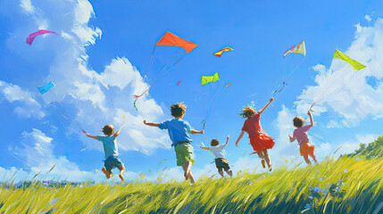 Children running through a grassy field, flying colorful kites against a clear blue sky, capturing a carefree summer day 