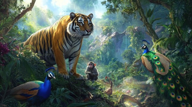 Majestic tiger, peacocks, monkey in lush jungle scene.
