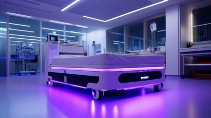 Naklejka premium Modern hospital bed with purple LED lighting; clean, futuristic design. Ideal for healthcare, technology, and medical advancements concepts.