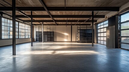 A spacious, modern interior with large windows and industrial design elements.