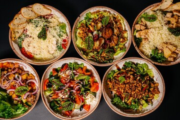 Photo of food, composition of several cold dishes, salads