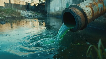  Dirty and poisonous green liquid coming out of the pipe and flowing into the clean river water stream.