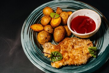 Food photo, baked potatoes with roast meat and sauce
