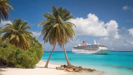 Fototapeta premium Tropical Paradise Cruise: Luxurious Ship Anchored Near a Caribbean Island