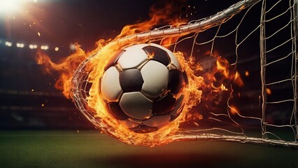 Naklejka premium A flaming soccer ball smashing into the goal net with intense fire effects, creating a powerful and dynamic sports moment