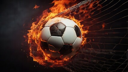 A flaming soccer ball smashing into the goal net with intense fire effects, creating a powerful and dynamic sports moment