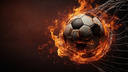 Fototapeta premium A flaming soccer ball smashing into the goal net with intense fire effects, creating a powerful and dynamic sports moment