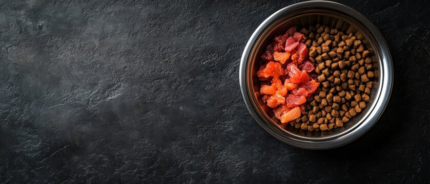 Serving fresh pet food home kitchen photography dark background top view nutrition for pets