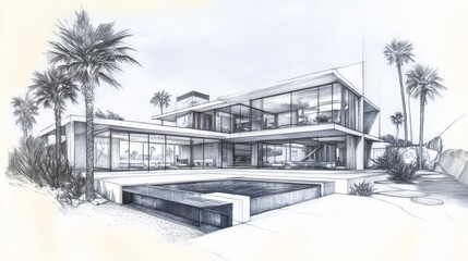 Fototapeta premium A sleek architectural sketch of a modern house with a pool and palm trees.