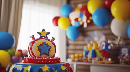 Fototapeta premium Festive birthday cake with balloons and decorations.