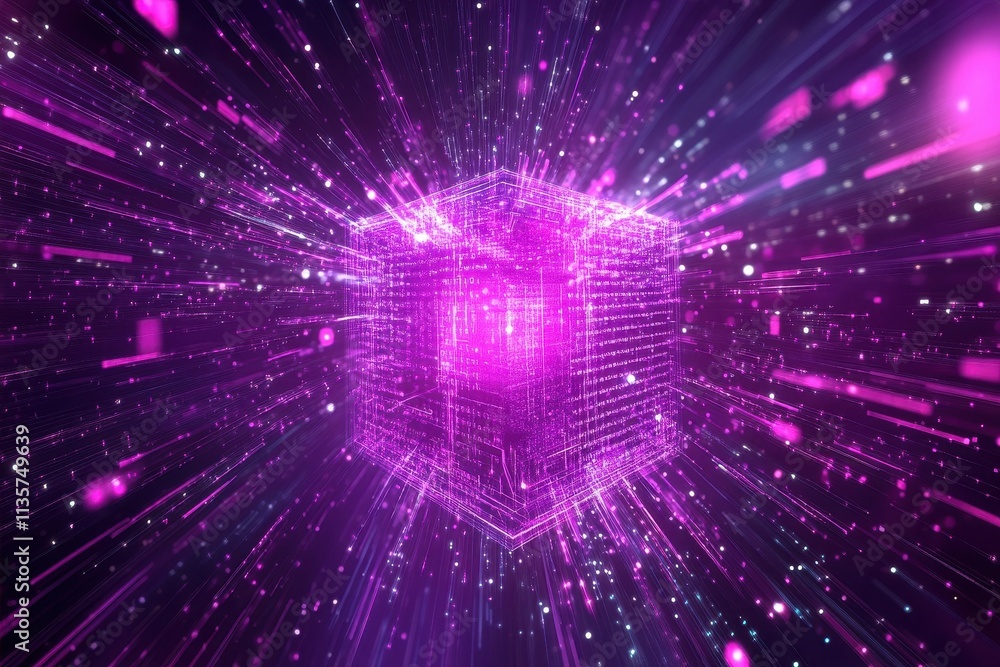 Poster glowing purple cube with data streams. ideal for tech, ai, or digital concepts; evokes speed and inn