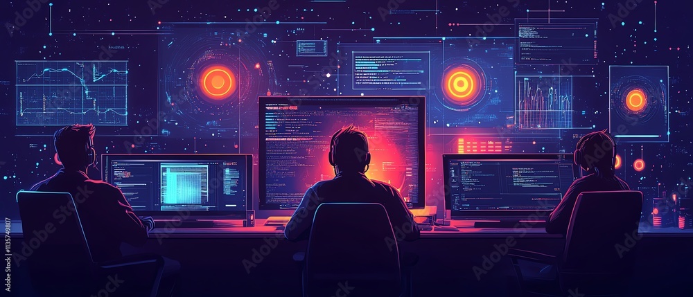 Aufkleber cybersecurity experts working to prevent malware, safeguarding business data, secure systems, and ad