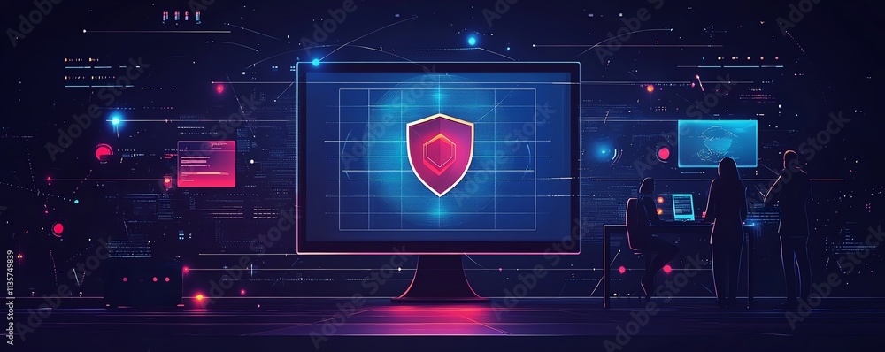Poster cybersecurity professionals protecting business data from malware, advanced malware defense techniqu