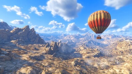 Obraz premium Hot air balloon soaring over a vast, rocky desert landscape under a bright blue sky with fluffy clouds.