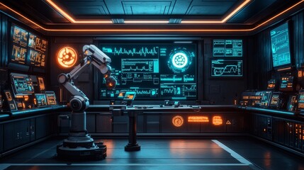 Futuristic control room with robotic arm and advanced digital displays.