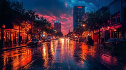 Obraz premium Rainy Night Cityscape: Vibrant Reflections and Neon Lights