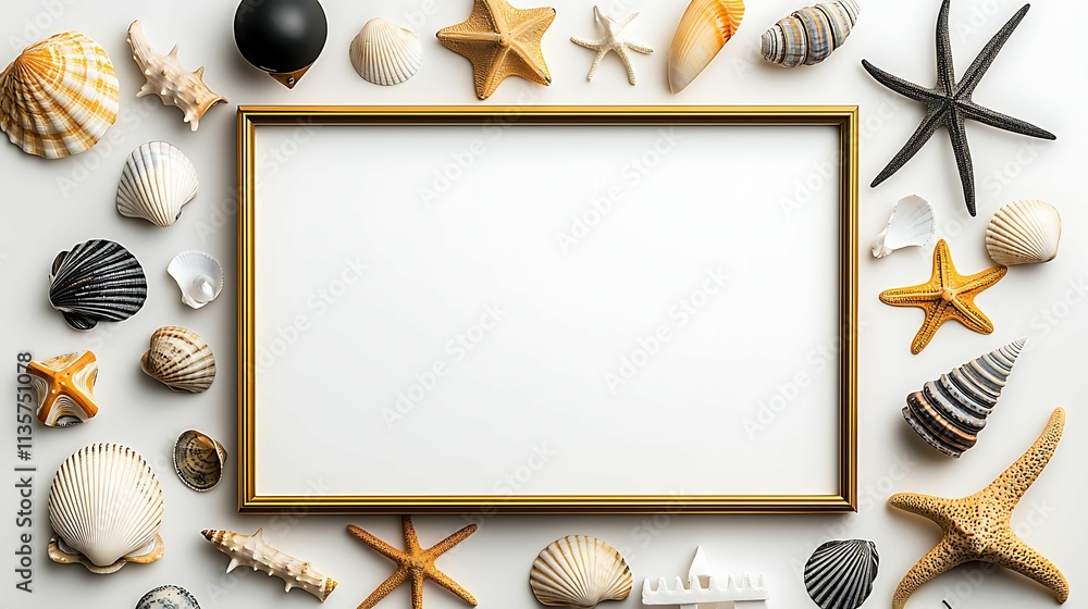 Wall mural a decorative frame surrounded by various seashells and starfish, creating a beach-themed display.