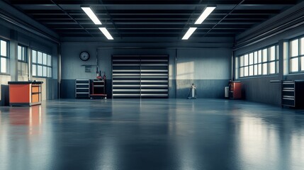 A spacious industrial garage with workstations and large windows.