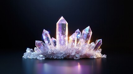 A cluster of quartz crystals glowing softly.