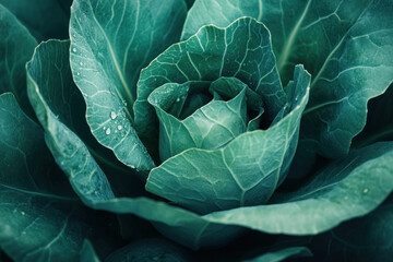 Fototapeta premium Close-up of a green cabbage, vibrant and fresh, showcasing intricate textures and shades of green, with droplets of water glistening on its surface.
