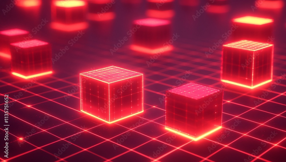 Poster abstract red glowing cubes digital network grid