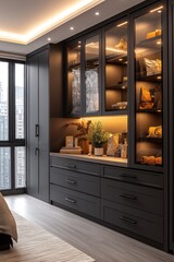 Modern dark gray built-in wardrobe with glass doors, drawers, and LED lighting in a bedroom.