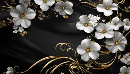Elegant White Flowers Gold Vines Black Background Luxury Floral Wallpaper