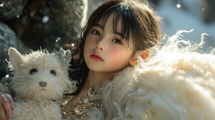 A young girl holding a plush fox in a snowy landscape, evoking a magical atmosphere.
