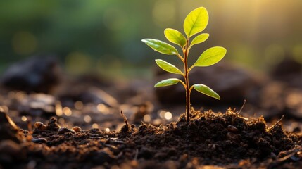 A small green plant is growing in the dirt