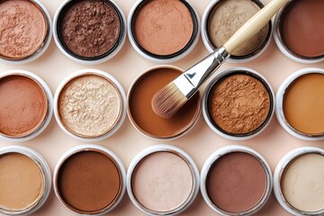 Fototapeta premium Top View Make up eye shadows top view brush on top beige chocolate coffee Mocha Mousse brown terracotta color