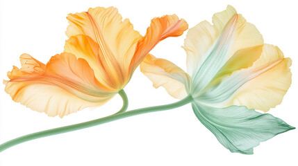 A radiant tulip with golden yellow petals transitioning into fiery orange near the center, a pale lime green stem with a gentle curve, and a fresh mint-colored leaf. Isolated on a white background for