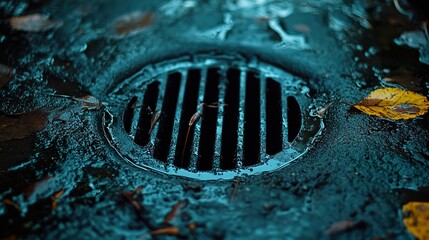 Autumn Leaves on a Wet City Drain
