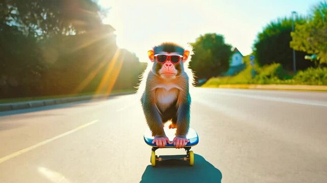 A cheerful monkey wearing sunglasses riding a skateboard down a sunny road, exuding fun and carefree vibes. Perfect for themes of adventure and humor.