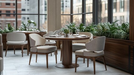 A modern dining area with elegant furniture and greenery, designed for a pleasant dining experience.