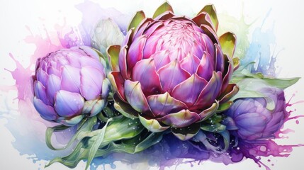 Fototapeta premium A painting of three purple flowers with green leaves