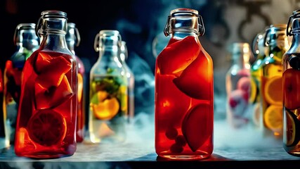 A vibrant display of flavored beverages in glass bottles, surrounded by mist.