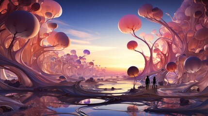 A beautiful, colorful, and surreal landscape with a couple walking through it