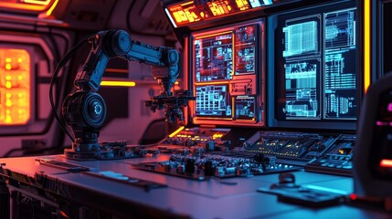 A futuristic control panel with robotic arm and digital displays in a high-tech environment.