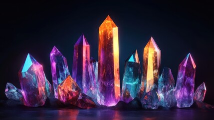 Vibrant Crystal Clusters Glowing In Dark Ambiance