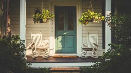 A cozy porch with rocking chairs and hanging plant, inviting relaxation and tranquility.