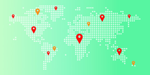 World map with pins semi flat color vector element. Travel planning. Editable full sized item on white. Travel destination concept. World map with location pins on it. © Thawatchai Images