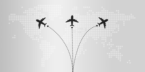 Tourism and travel concept, Global transport connectivity routes, Planes routes black flying over world map, Dotted lines and location icons, Around the world via aircraft travel concept.