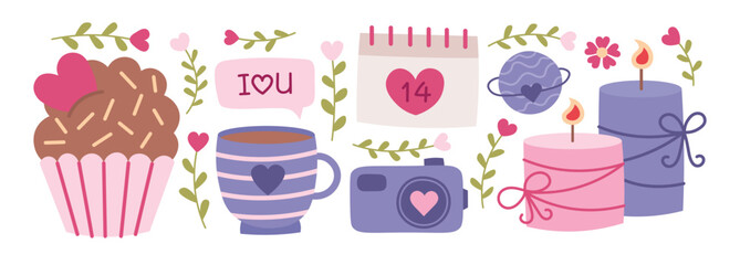 Love romantic hand drawn elements for valentine's day set. Cupcake, mug, calendar, planet, camera, candles, hearts, flowers. Vector flat illustrations isolated on white background.